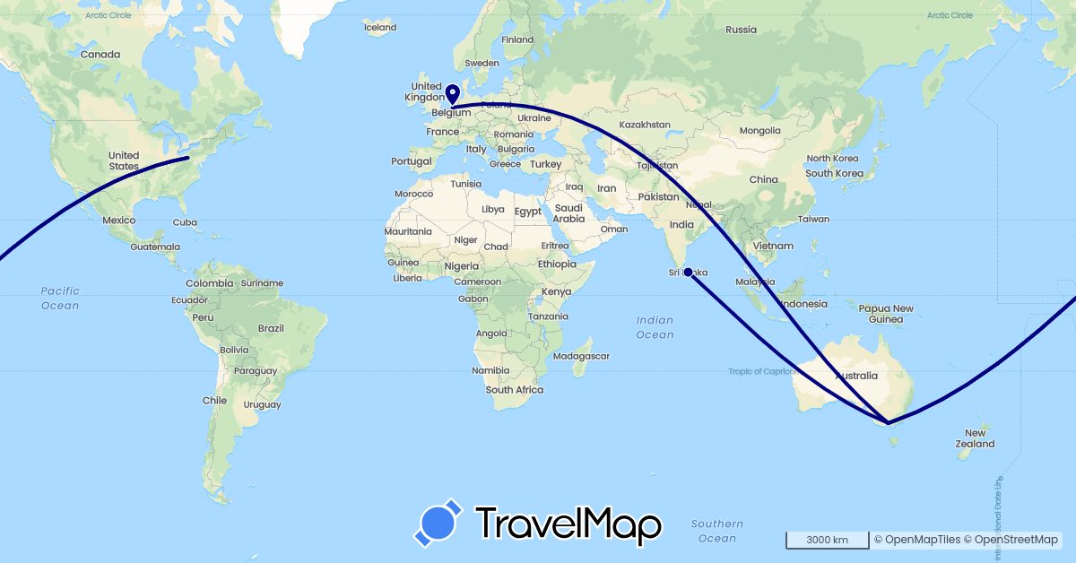 TravelMap itinerary: driving in Australia, Sri Lanka, Netherlands, United States (Asia, Europe, North America, Oceania)